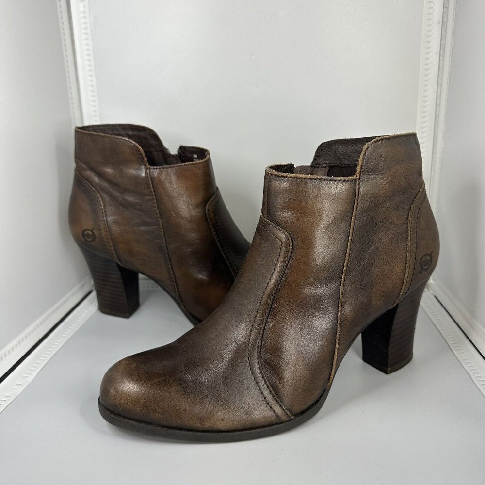 Born Boots Womens 9 M Ankle Booties Rust Brown Leather Block Heels Zip Up